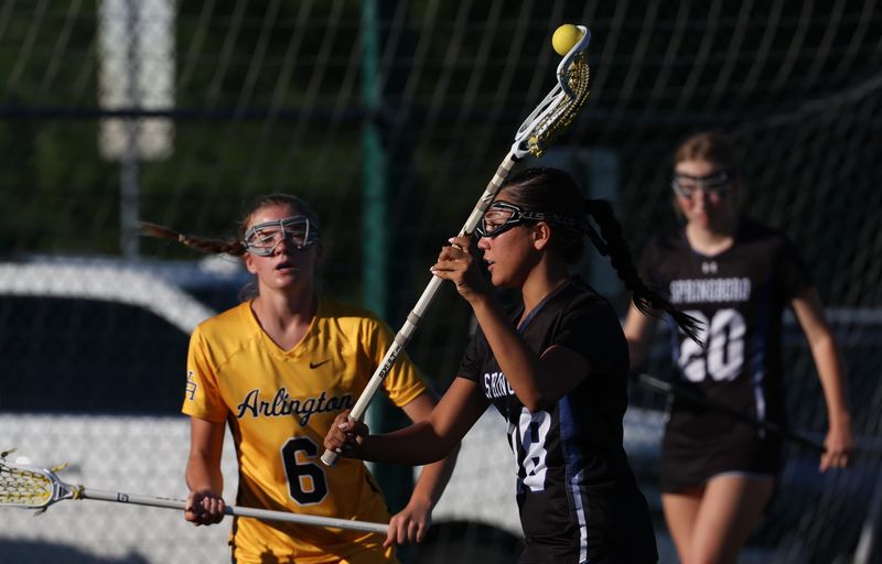 Grace Dresher of Springboro makes a first-half pass. Upper Arlington squared up against Springboro in a Division I state semifinal game. Upper Arlington earned a spot in the finals by defeating Springboro 18-5.