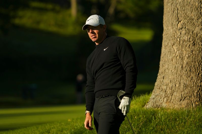 Rory McIlroy watches his shot on the second hole during the Workday Golden Bear Pro-Am at Muirfield Village Golf Club on June 3, 2026.