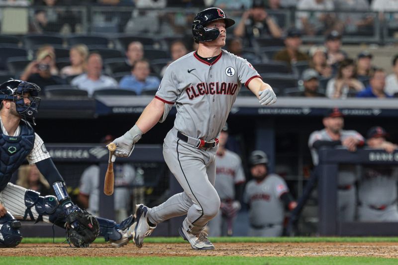 Cleveland Guardians' Travis Bazzana hits a three-run double against the New York Yankees on June 2, 2026, in Bronx, New York.
