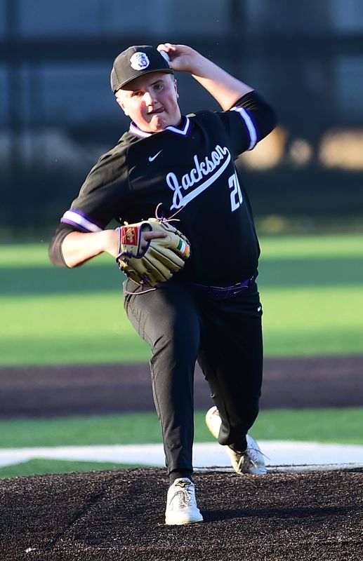 Jackson's Ethan O'Byrne throws a pitch in a Division I regional semifinal against St. Ignatius at Thurman Munson Stadium, Wednesday, June 3, 2026.
