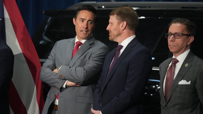 Frank LaRose (left) speaks with an attendee at a news conference announcing federal charges against suspected Medicaid fraud. The news conference was held June 4, 2026 at the Defense Supply Center Columbus, 401 North Yearling Road in Whitehall. Attendees included Todd Blanche, Acting United States Attorney General; Kash Patel, FBI Director; Kelly Loeffler, SBA Administrator; Andrew Ferguson, FTC Chairman and Mehmet Oz — CMS Administrator.