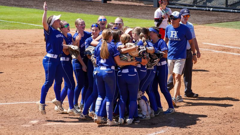 The Highlands Bluebirds celebrate their 3-0 win over South Laurel in the first round of the 2026 KHSAA softball state tournament on June 4, 2026.