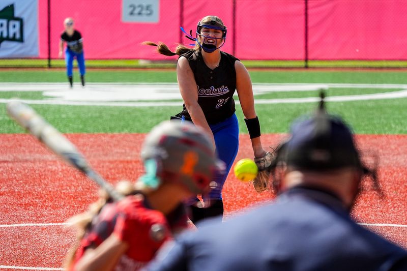 Maplewood starting pitcher Addison Marker delivers the first pitch of the game during an OHSAA DVII state semifinal softball game against Southeast, June 4, 2026, at Firestone Stadium in Akron, Ohio.