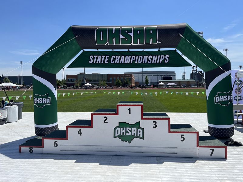 The podium at Jesse Owens Memorial Stadium for the OHSAA Jesse Owens State Track and Field Championships in Columbus.