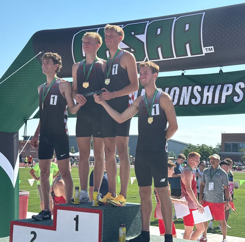 The Jonathan Alder 3,200-meter relay opened the Division III state meet June 5 by winning the race in 7:48.46. From left are Ian Odell, Jake Goode, Mark Goode and Lincoln Wilson.