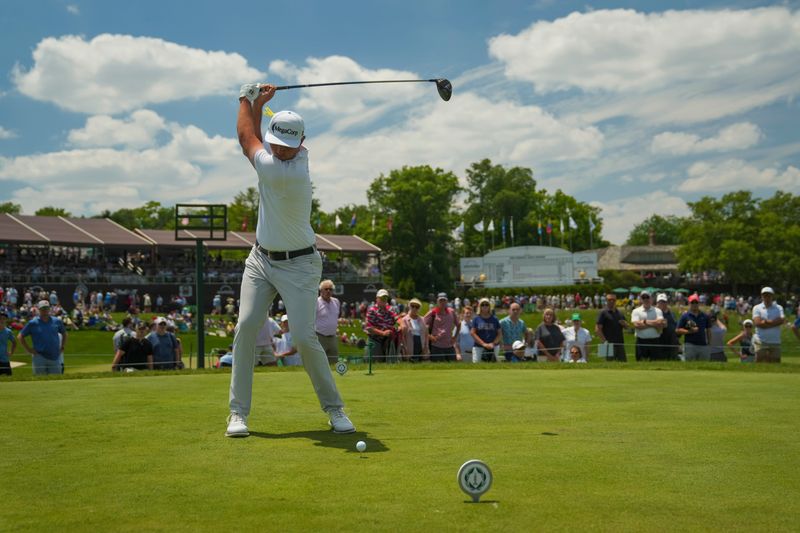 J.T. Poston tees off on the Memorial Tournament's 10th hole on June 5.