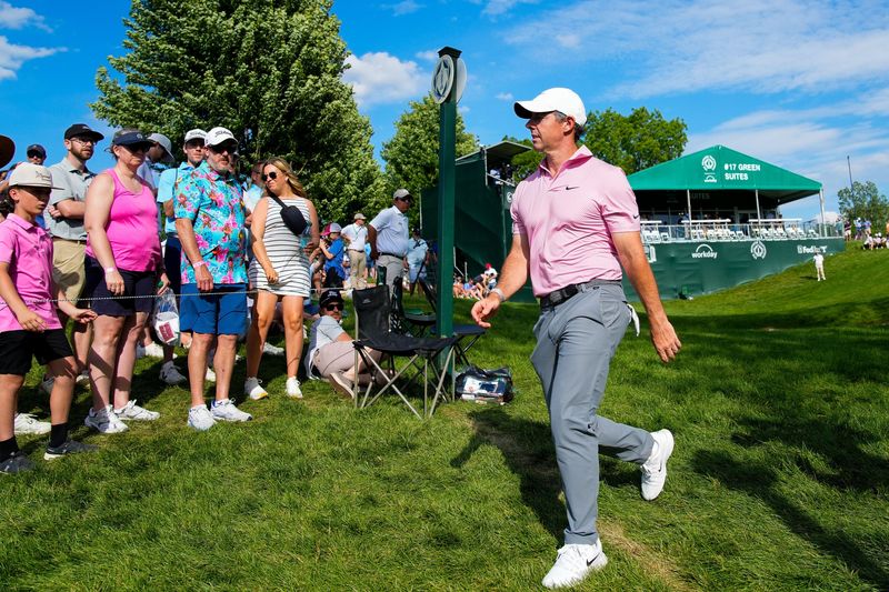 Rory McIlroy walks to the 18th tee during the second round of the Memorial Tournament at Muirfield Village Golf Club on June 5, 2026.