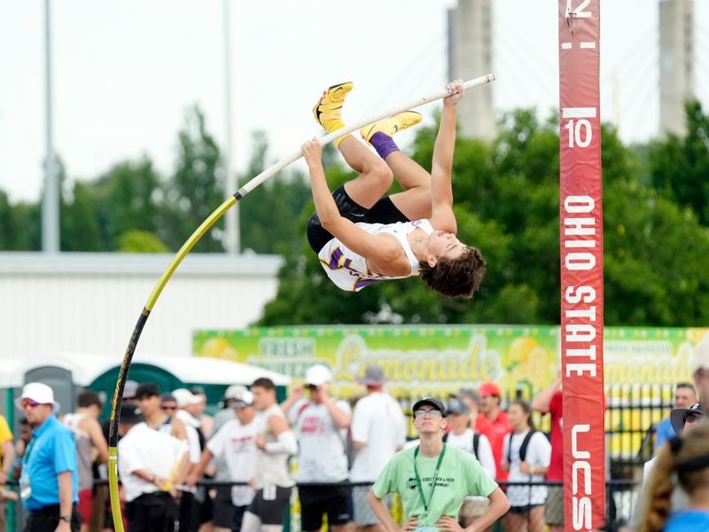 Bloom-Carroll's Dominic Knapp competes in the pole vault during the Division III state track and field meet on Friday, June 5, 2026, at Ohio State's Jesse Owens Memorial Stadium in Columbus. Knapp won the title by clearing 15-10, four inches more than runner-up Traxton Richards, of Perry.