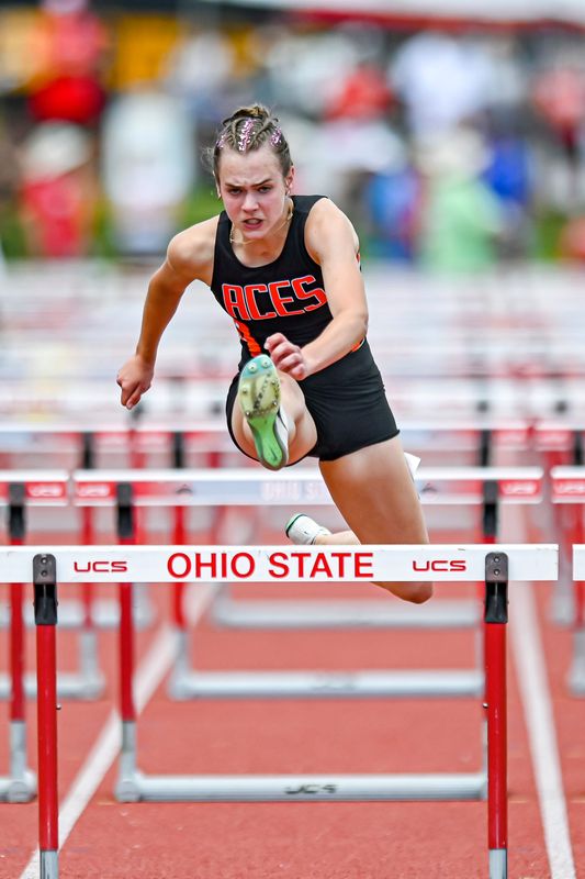 Samantha Buckley, of Amanda -Clearcreek, competes in the Division IV 100 hurdles at the OHSAA state track and field championships on Friday, June 5, 2026, at Ohio State's Jesse Owens Memorial Stadium in Columbus.