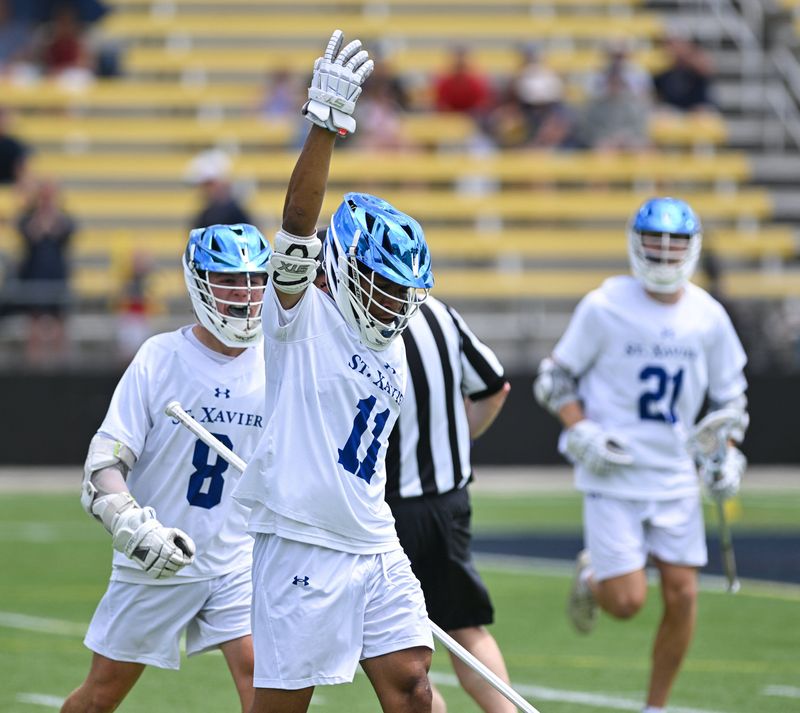 St. Xavier’s Roman Dean celebrates his goal during the Division I state championship game June 6, 2026, at Historic Crew Stadium. (photo by John Hulkenberg)