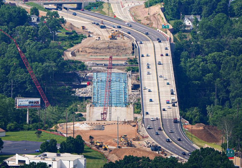 The demolition of the old bridge on State Route 8 is seen from the Goodyear Blimp Wingfoot One on Blimp Day on June 6, 2026.