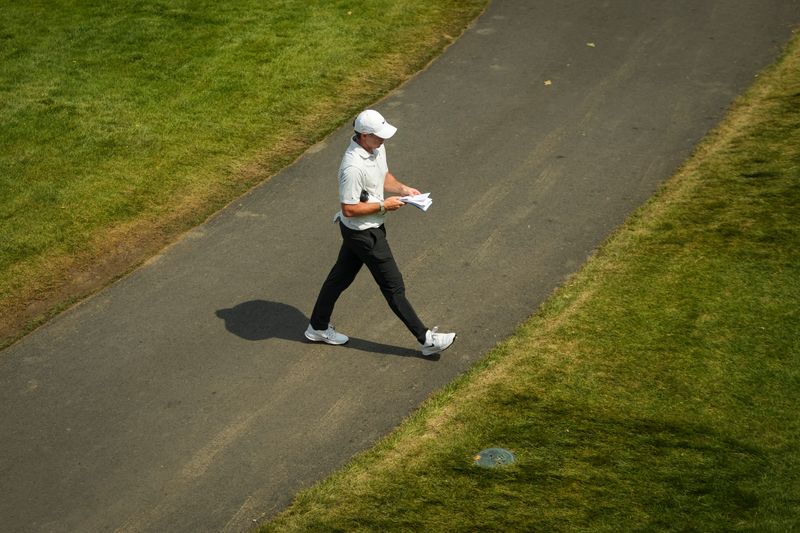 Rory McIlroy walks off the 15th tee during the third round of the Memorial Tournament at Muirfield Village Golf Club on June 6, 2026.