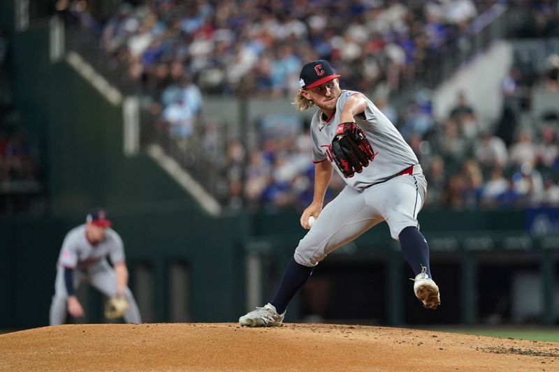 Jun 6, 2026; Arlington, Texas, USA; Cleveland Guardians starting pitcher Tanner Bibee (28) pitches in the second inning against the Texas Rangers at Globe Life Field. Mandatory Credit: Dustin Safranek-Imagn Images