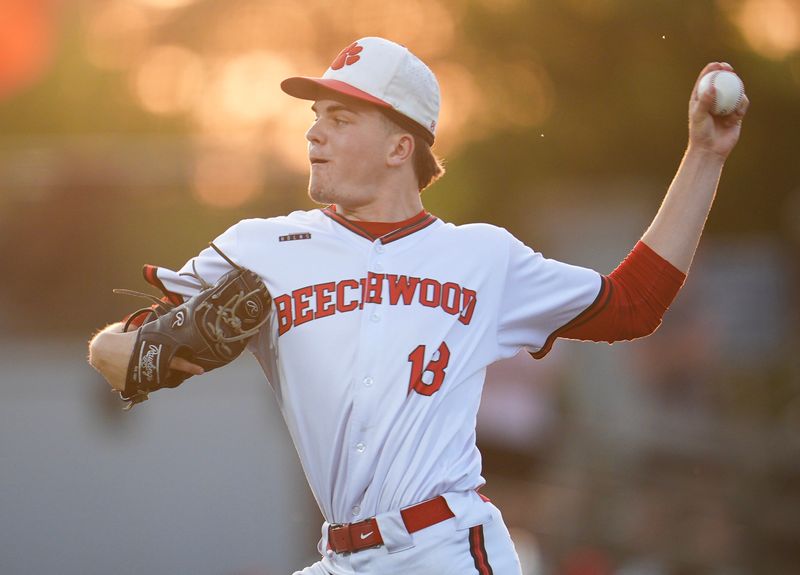Beechwood High School's Caleb Arrasmith (18) throws towards home against Trinity at the 2026 KHSAA state baseball quarterfinal in Lexington, Kentucky. June 6, 2026