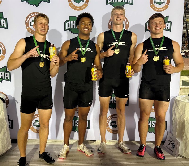 The Shelby 4x100-meter relay team of Brady Bowman, Brayden DeVito, Renner Gano and Gavin Baker won the state title in the Division III Ohio High School Athletic Association Jesse Owens State Track and Field Championships on Saturday, June 6, 2026 at Jesse Owens Memorial Stadium on the campus of The Ohio State University.
