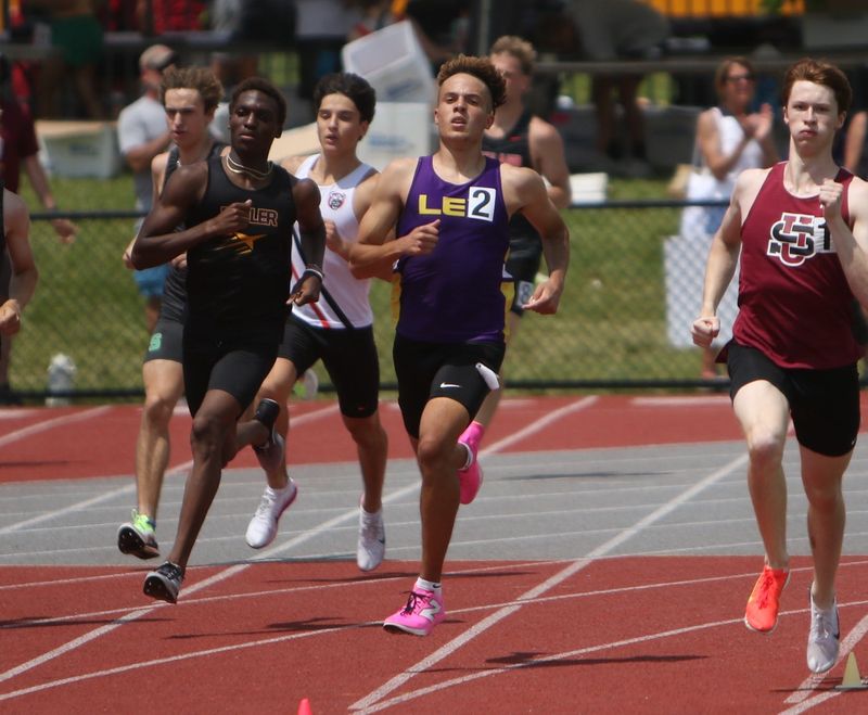 Lexington's Latrell Hughes competes in the Division II Ohio High School Athletic Association Jesse Owens State Track and Field Championships on Sunday, June 7, 2026 at Jesse Owens Memorial Stadium on the campus of The Ohio State University.
