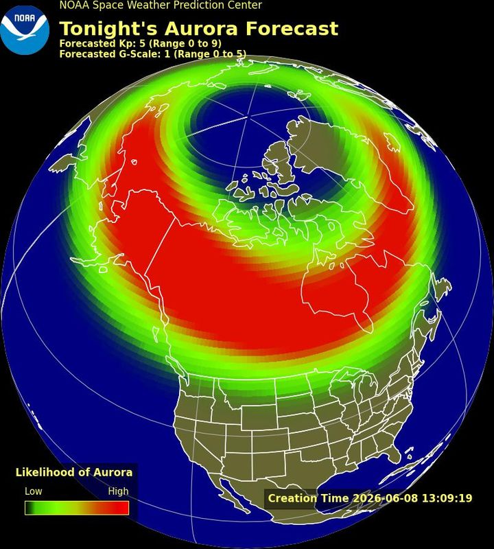 This map from the Space Weather Prediction Center shows where the northern lights may be visible tonight, June 8.