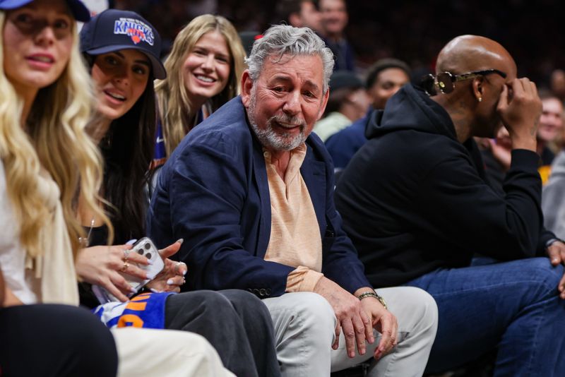 Apr 30, 2026; Atlanta, Georgia, USA; New York Knicks executive chairman and ceo James Dolan watches a game against the Atlanta Hawks in the second quarter during game six of the first round of the 2026 NBA Playoffs at State Farm Arena.