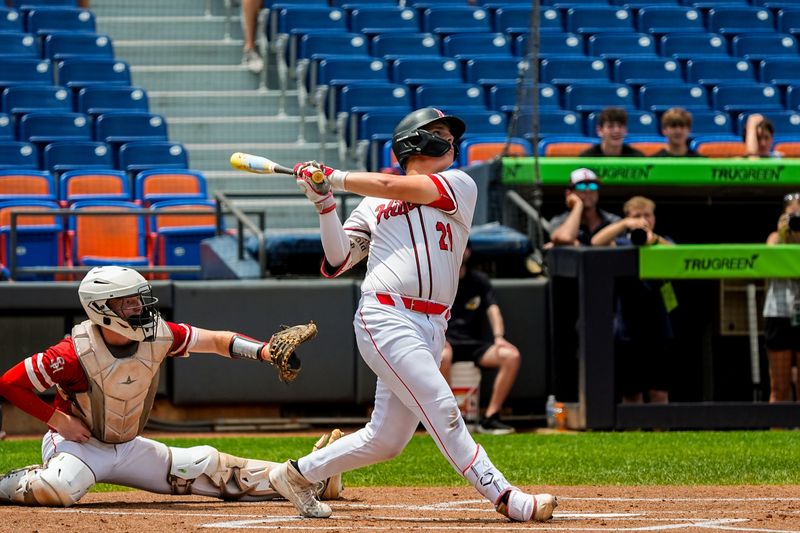 Hiland’s Grady Monigold (21) props up to shortstop for the third out of the bottom of the second inning during an OHSAA DVI state semifinal baseball game against the St. Henry Redskins, June 11, 2026, at Credit Union Park in Akron, Ohio.
