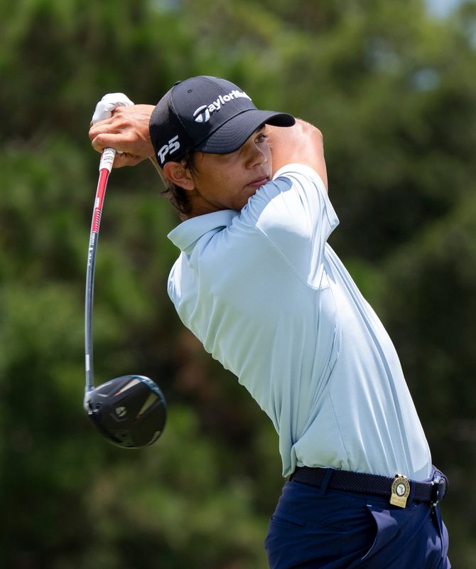 Charlie Woods tees off during the 109th Florida Amateur Championship at The Club at Admiral's Cove on June 11, 2026 in Jupiter, Florida.