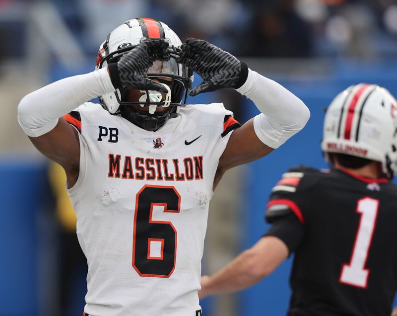 Massillon's Deontay Malone celebrates during his team's win over McKinley, Saturday, Oct. 25, 2025.