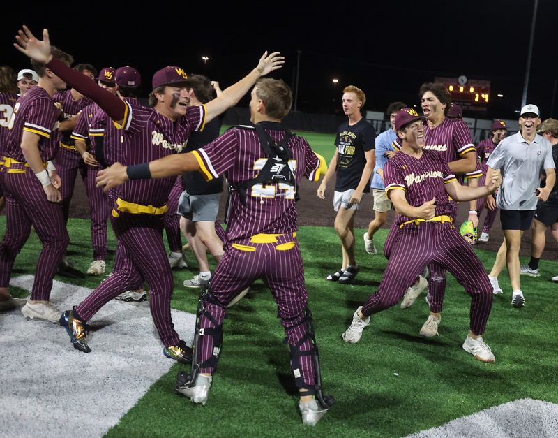 Walsh Jesuit celebrates an extra inning victory over Hoover in a Division II semifinal game at Canton’s Thurman Munson Stadium Friday, June 12, 2026.