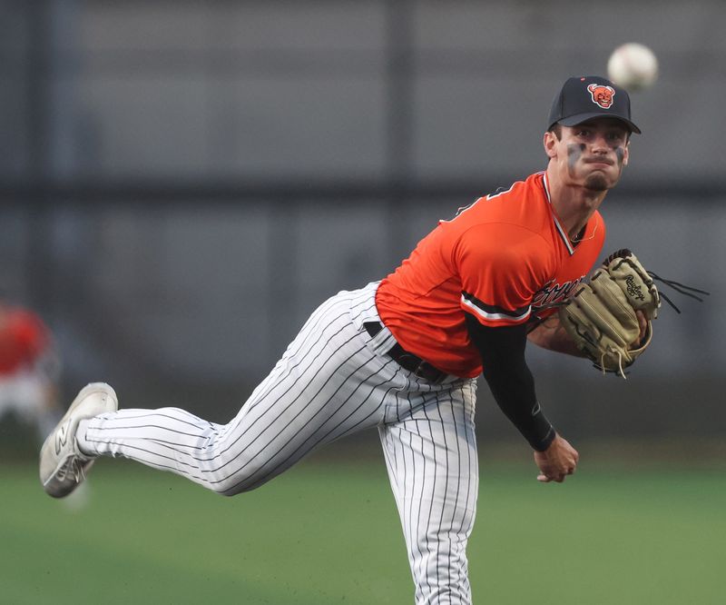 Hoover’s Jack Andes pitches in the eighth inning against Walsh Jesuit in a Division II semifinal game at Canton’s Thurman Munson Stadium Friday, June 12, 2026.