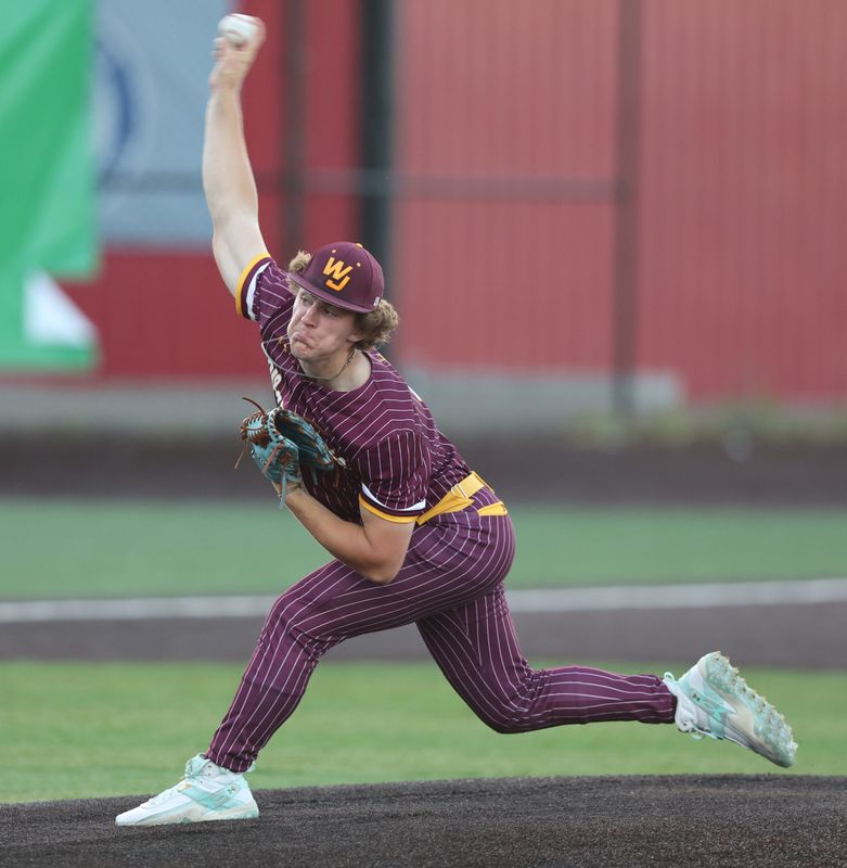 Walsh Jesuit's Shawn Sullivan delivers to the plate in a Division II state semifinal against Hoover on June 12, 2026.