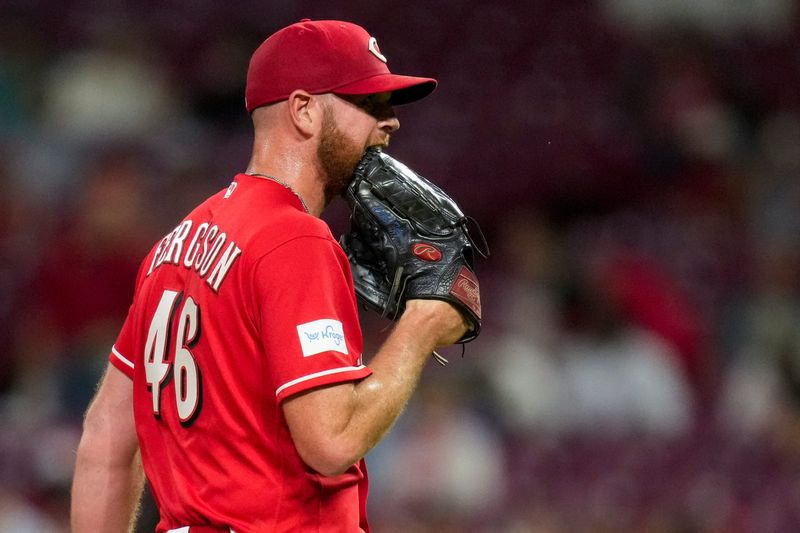 Cincinnati Reds pitcher Caleb Ferguson (46) is relieved in the seventh inning of the MLB National League game between the Cincinnati Reds and the New York Mets at Great American Ball Park in Cincinnati on Monday, June 15, 2026. The Reds won the series opener, 12-0.