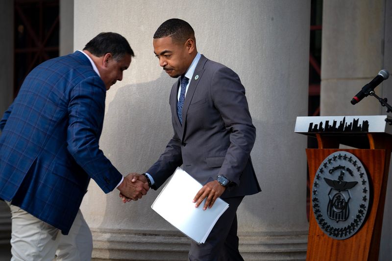 Columbus City Council President Shannon Hardin, right, slammed the administration of Mayor Andrew Ginther (left) for "mismanagement" of the city's budget.