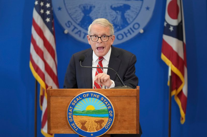 Ohio Gov. Mike DeWine delivers a statement condemning the death penalty during a news conference at his office in Columbus on June 16.