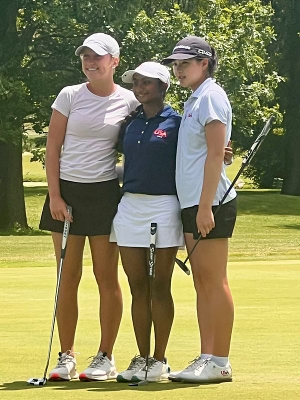 Runner-up Elizabeth Coleman, champion Nikitha Suresh and third-place Meadow Tian pose for a photo on the 18th green following the final day of the 50th Ohio Junior Girls Championship June 16, 2026, at the Marion Country Club.