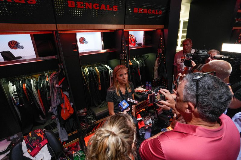 The Bengals unveil their new locker room to media on Tuesday July 30, 2024 at Paycor Stadium. Elizabeth Blackburn speaks to media about the locker room.