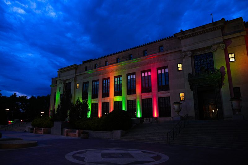 Columbus City Hall lights up in red and green to honor Juneteenth on Tuesday, June 16, 2026 in Columbus, Ohio.