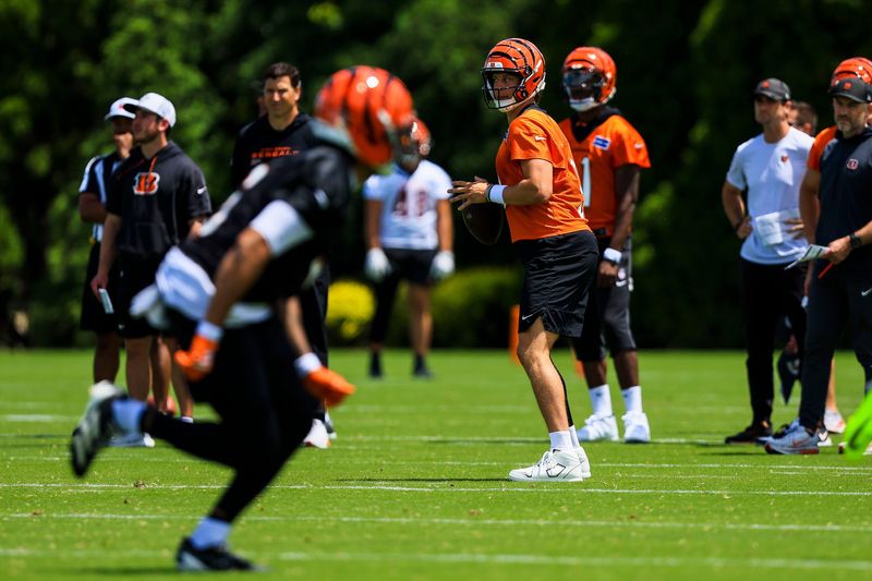 Jun 16, 2026; Cincinnati, OH, USA; Cincinnati Bengals quarterback Joe Burrow (9) plays the field during minicamp at Kettering Health Practice Fields. Mandatory Credit: Katie Stratman-Imagn Images