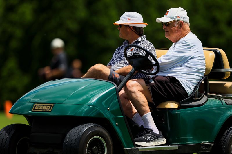 Jun 16, 2026; Cincinnati, OH, USA; Cincinnati Bengals owner, Mike Brown, looks on during minicamp at Kettering Health Practice Fields. Mandatory Credit: Katie Stratman-Imagn Images