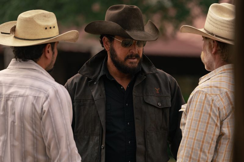 J.R. Villarreal as Azul, Cole Hauser as Rip Wheeler, and Marc Menchaca as Zachariah in Season 1 of "Dutton Ranch," streaming on Paramount+.