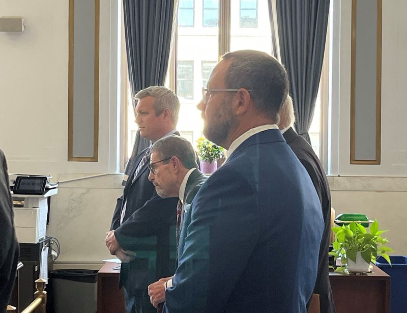 Bradley Konerman, at left, and Adam Salon, in the foreground, at their plea hearing and sentencing in Hamilton County Common Pleas Court on June 17.