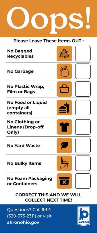 An example of the "Oops" tags that will mark recycling carts in Akron contaminated with non-recyclables.