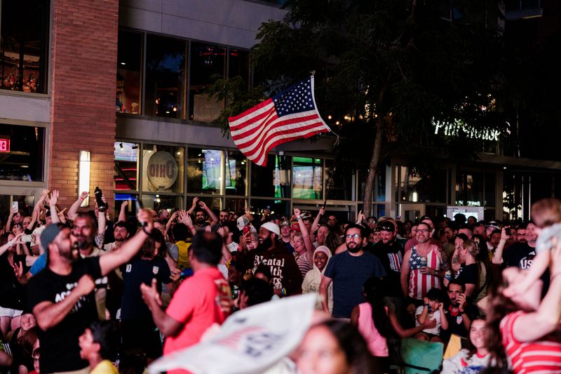 Fans celebrating at the Columbus Crew Soccer Celebration for the USA vs. Paraguay game June 12 at Bridge Park