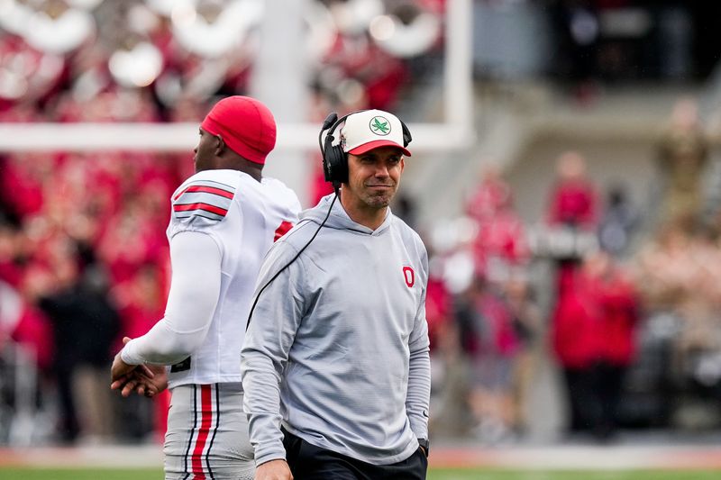 Ohio State Buckeyes coach James Laurinaitis reacts during the Ohio State football spring game at Ohio Stadium on Saturday, April 18, 2026 in Columbus, Ohio.