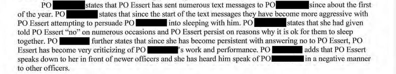 In this redacted screenshot of records provided by the Village of Elmwood Place, a female officer said Chad Essert badmouthed her to other officers after she continued to reject his advances.