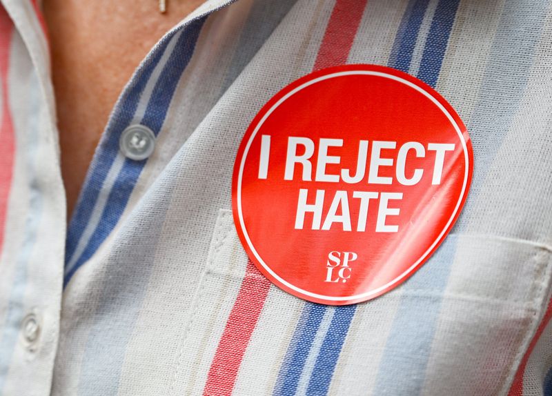 Leslie Howard sports a “I reject hate” patch during the Stonewall Columbus Pride March on High Street on Saturday, June 20, 2026, in Columbus, Ohio.