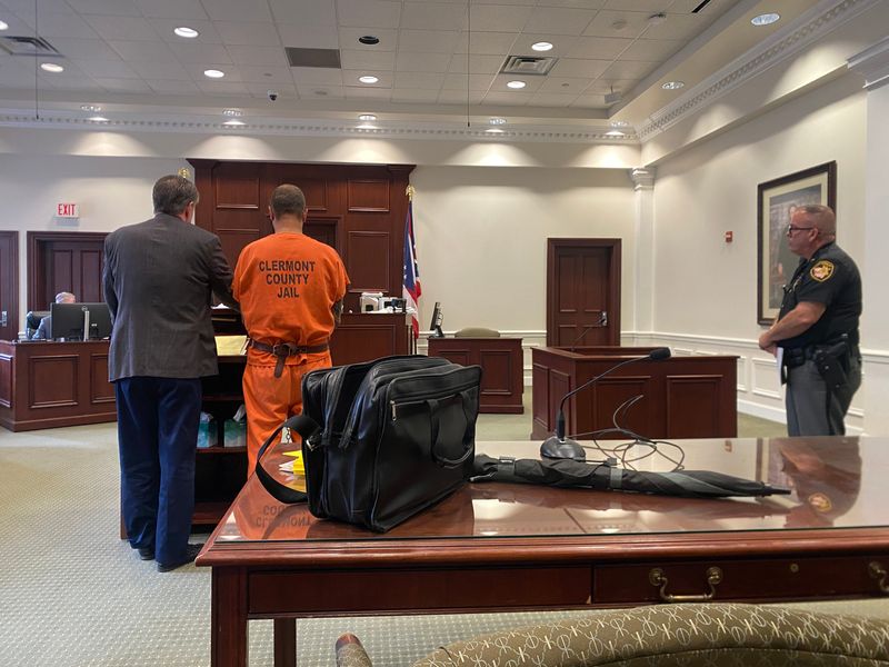 Attorney Jay Clark (left) stands with client, Bethel Police Chief Chad Essert at his June 22 arraignment in Clermont County.