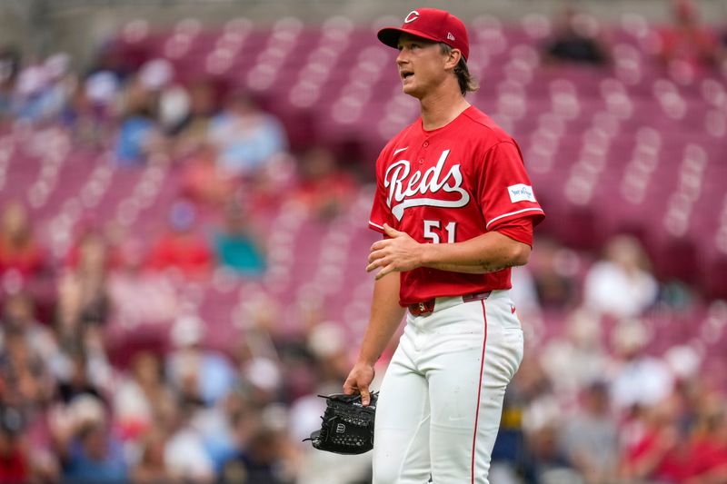 Cincinnati Reds starting pitcher Brady Singer (51) tossed seven shutout innings against the Milwaukee Brewers on Monday, June 22. The Reds lost in extra innings, 2-0.