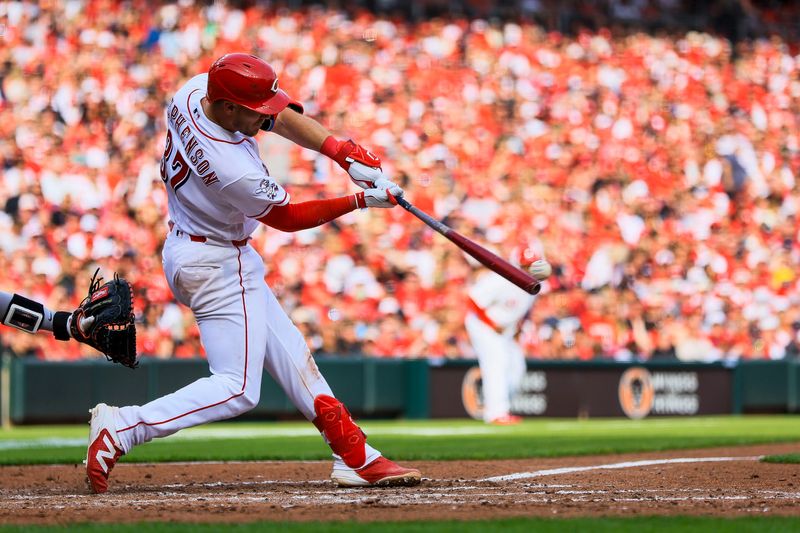 Mar 26, 2026; Cincinnati, Ohio, USA; Cincinnati Reds catcher Tyler Stephenson (37) hits a single in the fifth inning against the Boston Red Sox at Great American Ball Park. Mandatory Credit: Katie Stratman-Imagn Images