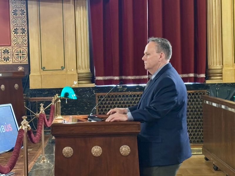 Columbus Department of Technology Director Sam Orth speaks at the City Council meeting on June 22, 2026, ahead of his retirement.