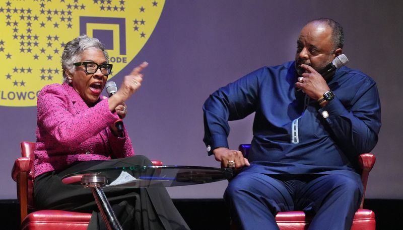 Journalist Roland Martin (right) listens to Congresswoman Joyce Beatty speak about the future of Black democracy, political participation, and her battle against the Trump adminstration, especially her lawsuit concerning the renaming of the Kennedy Center. They spoke  Jun 22, 2026 during the State of Black America at the Lincoln Theatre in Columbus, Ohio.