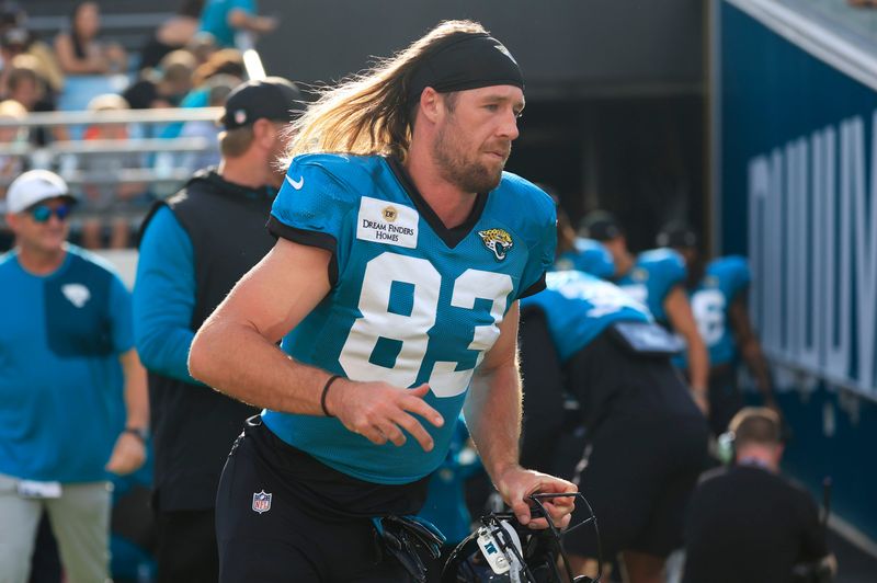 Jacksonville Jaguars wide receiver Trenton Irwin (83) runs on the field during an NFL scrimmage event at EverBank Stadium, Friday, Aug. 1, 2025, in Jacksonville, Fla. [Corey Perrine/Florida Times-Union]
