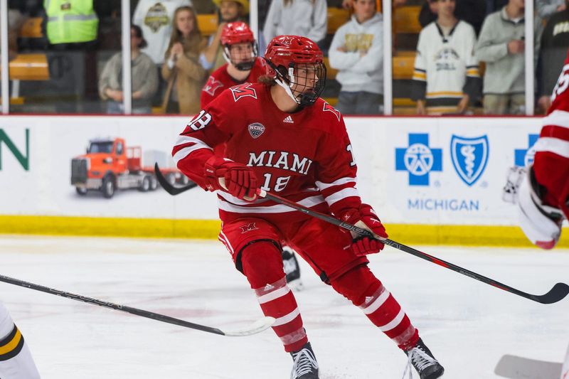 Miami hockey player Ilia Morozov in an NCAA match against Western Michigan.